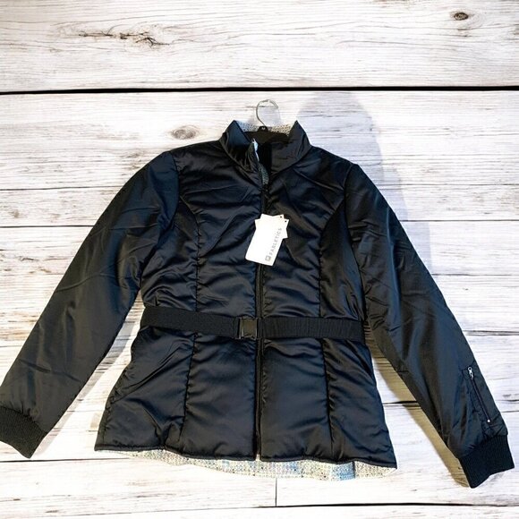 Fabletics Medusa Reversible Belted Puffer Jacket Black/Arctic Print Size XL NWT - Picture 3 of 12